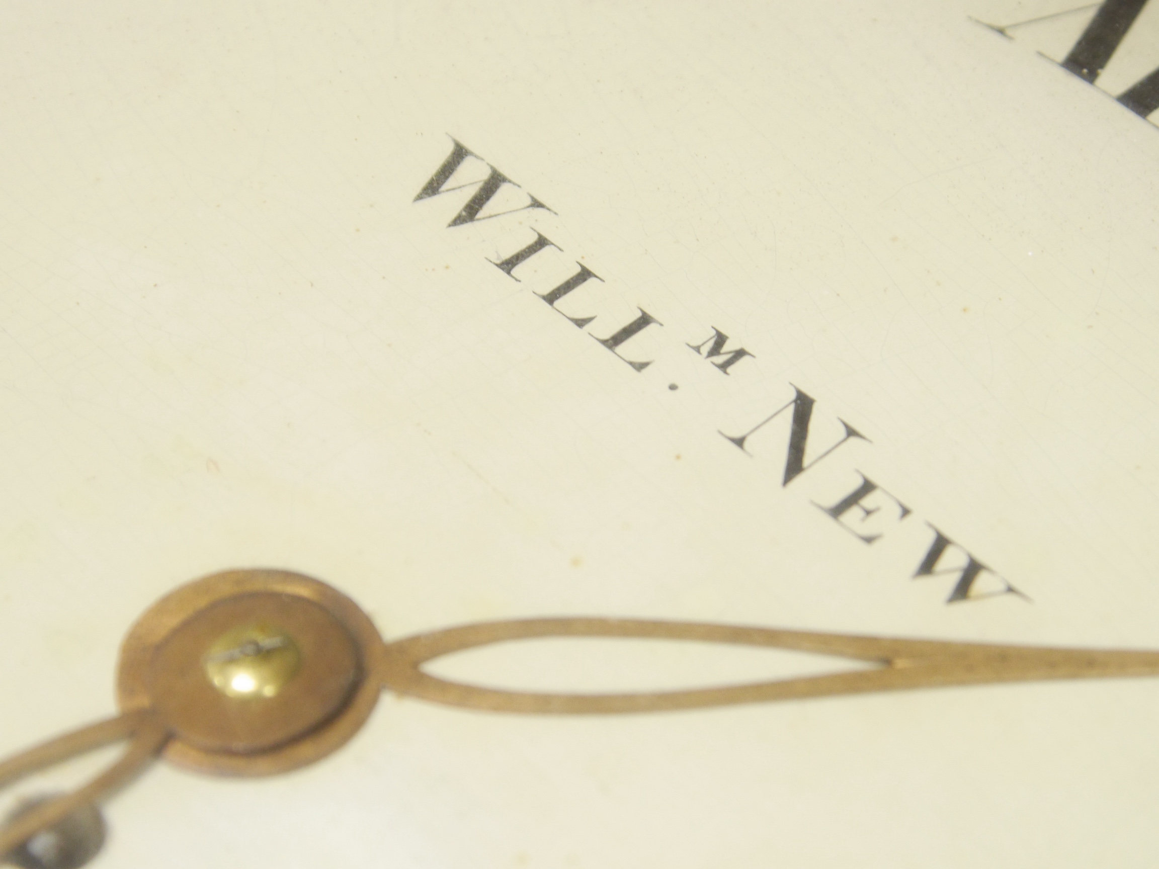 A large mahogany wall clock, William New, Trowbridge, with Roman numeral dial, associated single fusee movement with verge escapement, 49cm in diameter. Condition - fair to good, not tested